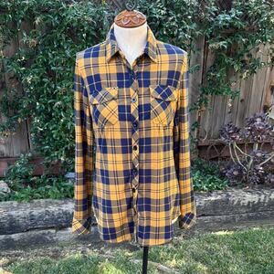 DJT Flannel Roll Up Sleeves Yellow Navy Blue Top Shirt Women's Size M